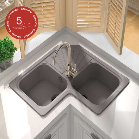 Evier pour meuble d'angle à encastrer Poalgi Agata Gris Concret - 2 bacs avec égouttoir