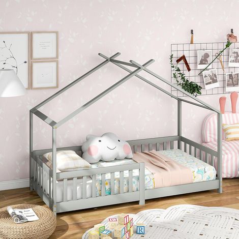 Beautiful solid wood children's bed with railing and slatted base, with fall protection for children's and teenagers' bedrooms, grey (200 x 90 cm) (1/5)