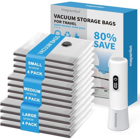 Sacs Sous Vide Vetement Aspirateur avec Pompe Électrique -60000Pa, 12 Unité Sacs de Rangement Sous Vide en 3 Tailles(4050/4060/5060CM), pour Les Bagages de Voyage et L’organisation (1/5)