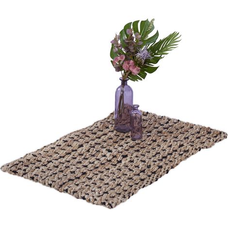 Relaxdays Jute Teppich, 60x90 cm, handgewebter Teppichläufer, Naturfasern, Läufer Flur, Wohnzimmer, Küche, beige/schwarz