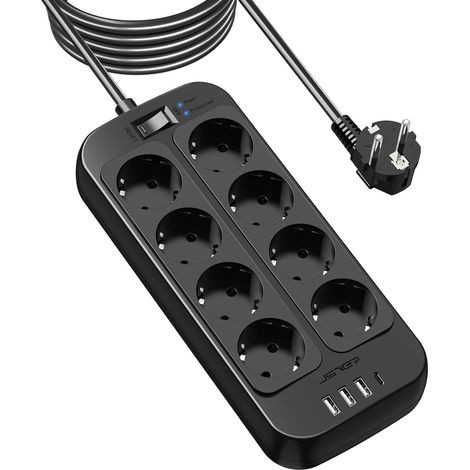 Multiprise 8 Prises avec 1 Port USB C,3 Port USB A (5V3,4A/17W) Parasurtenseur Parafoudre et Surtension avec Interrupteur Cordon 5M pour Smartphone Tablette- Noir (1/5)