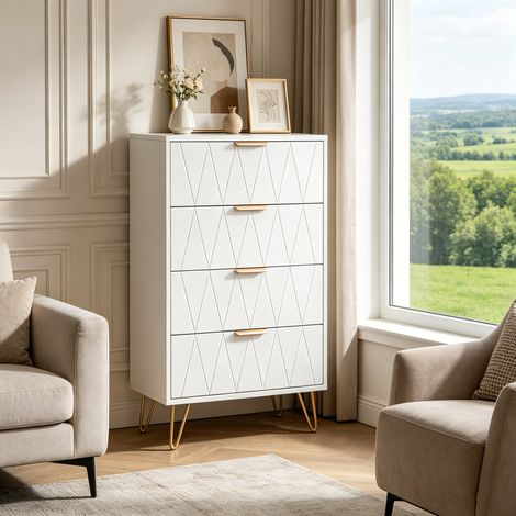 Commode 4 tiroirs, 60 x 34 x 90 cm, commode de rangement en bois, meuble de chambre avec rangement style contemporain