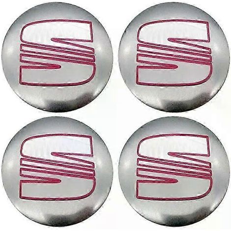 Lot de 4 enjoliveurs centraux de roue de voiture 56 mm et 60 mm, compatibles avec Seat Ibiza 6J 6L FR, Ateca, Altea XL, Leon 2 et Leon. Couleur : argent/rouge. (1/4)