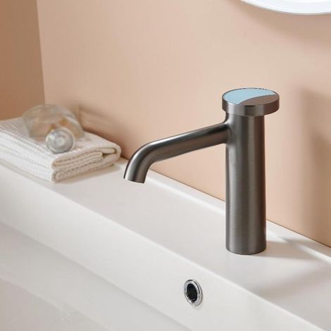 Brass mixer tap for washbasin, hot and cold water, single hole, grey, elegant design for modern bathroom (1/5)