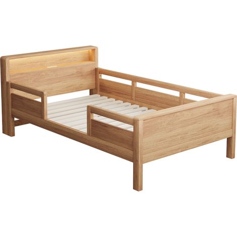 Cama infantil 90 x 200 cm de pino con LED, toma USB Type-C y cabecero con almacenaje (1/5)