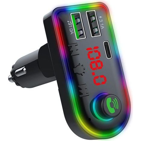 Bluetooth 5.0 FM-Transmitter fürs Auto – 3,1 A Schnellladefunktion – Zigarettenanzünderadapter mit 7-farbiger Ambientebeleuchtung