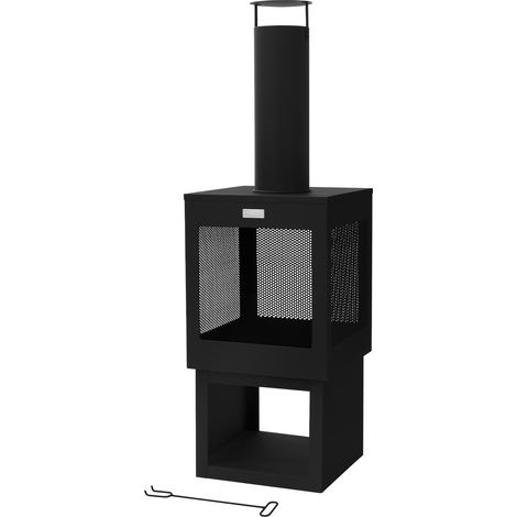 ML-Design Gartenkamin mit Schornstein 128x40 cm eckig, Stahl, Outdoor Gartenofen, Terrassenofen mit Schürhaken, abnehmbarem Dach, Holzablage, Terrassenkamin Feuerschale/Feuerkorb für Garten & Camping
