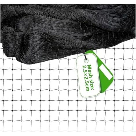 Malla antipájaros de 15 m x 15 m, de color negro, resistente a desgarros y de protección para gallineros (malla de 2,5 x 2,5 cm, agujeros grandes). (1/5)