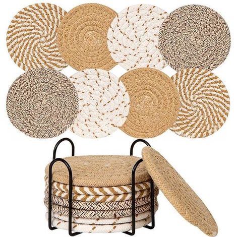 Set mit 8 Untersetzern (inkl. Aufbewahrungsgestell), wasserabsorbierende Untersetzer, für Couchtische, minimalistisches Set aus gewebten Baumwoll (1/5)