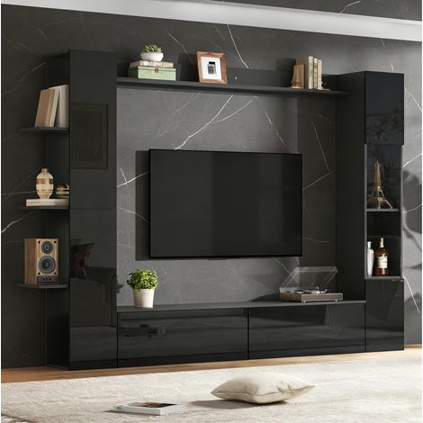 Mueble TV mural 245x30x170 cm negro en MDF con vitrinas, estantes abiertos y gran capacidad (1/5)