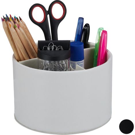 Relaxdays Support à stylos, rond, 3 compartiments, boîte à crayon maison & bureau, cuir artificiel, 11,5x16 cm, blanc (1/5)