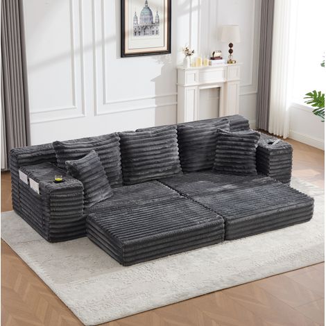 Canapé convertible de pana gris oscuro 273x98x87 cm con respaldo alto, bolsillos laterales y portavasos (1/5)