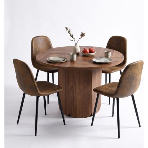 FurnitureR 5-Piece Dining Set, Ø120CM Dark Wood Round Table & 4 Brown Suede Chairs (1/5)