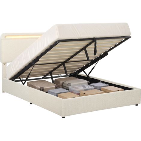 Lit coffre 140 x 190 cm - HOMCOM - lumières LED RGB, tête réglable - lit double rembourré velours - rangement hydraulique - crème (1/5)