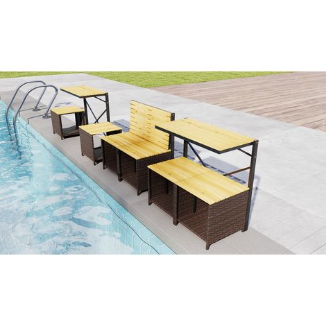 Banc pliable convertible 2 en 1 extérieur, ensemble table de pique-nique et banquette de jardin, cadre métallique, bois d’acacia et rotin PE, couleur marron pour terrasse, balcon et jardin (1/4)