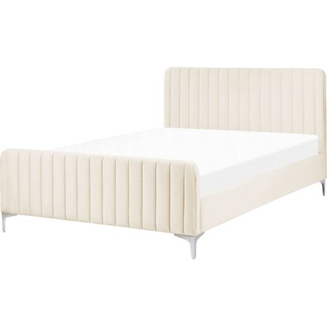 Lit Double Sommier à Lattes avec Haute Tête de Lit et Pieds en Métal 140 x 200 cm en Velours Beige Lunan