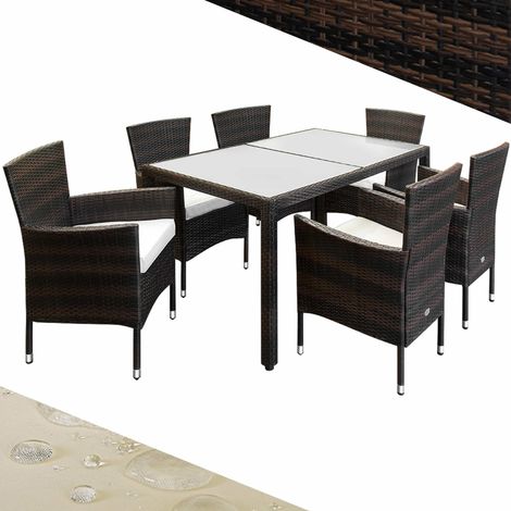 Casaria – Ensemble table et chaises de jardin 6 places en polyrotin brun crème – Coussins hydrofuges épais 7 cm – Structure en acier galvanisé (1/5)