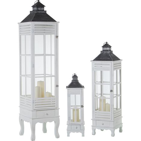 Lot de 3 Lanternes Bois/Verre Blanc, Sapin+Fer+Verre 36X36X160+29X29X108+21X21X72 Cm (1/5)