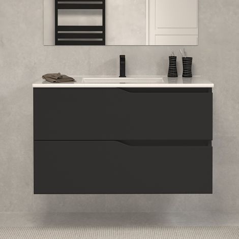 Meuble sous vasque seul, 2 tiroirs, 80cm, pour simple vasque - noir - LUNA