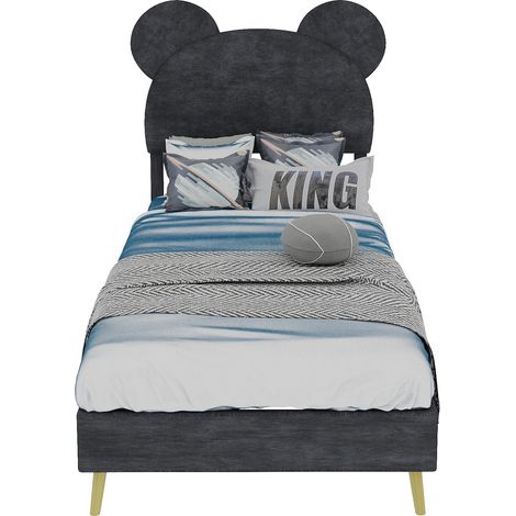 Lit rembourré moderne minimaliste avec tête de lit douce à thème cartoon, 90x200 cm, gris, meuble de chambre multifonctionnel, base basse sans rangement (sans vérin à gaz), matelas non inclus (1/5)