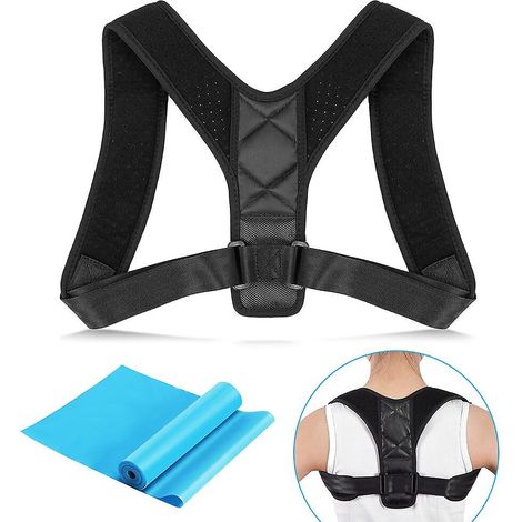 Correcteur de posture avec bande de résistance pour exercices, orthèse dorsale réglable pour le soutien de la clavicule, des épaules et du dos, soulagement des douleurs - noir (L) (1/5)