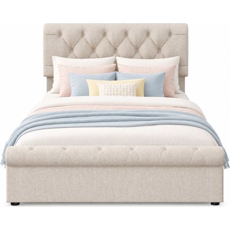 Lit double 140x200 cm rembourré avec 4 tiroirs, tête de lit réglable et matelas 620 ressorts, sommier capitonné pour chambre élégante  CHICFURN (1/5)