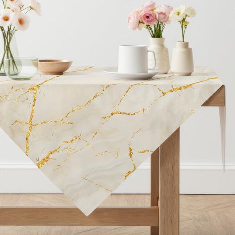Abwaschbare Tischdecke 100x100 cm, Marmor Gold, Leinenoptik, Eckig