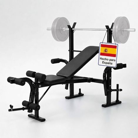 Relaxdays Banco de pesas multifuncional, soporte barra, butterfly, extensor de piernas, ajustable, plegable, acero negro (1/5)