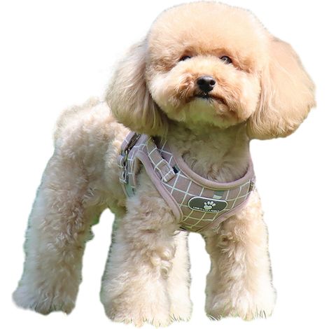 1 harnais-gilet pour chien, maille respirante et rembourré, carreaux réfléchissants, rose, taille S à XL, avec laisse intégrée de 120 cm (1/5)