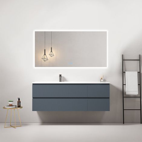 Mobile bagno sospeso cannettato 140 cm Blu Mare Lavabo a Sinistra in Resina Specchio Quadro Retroilluminato - Fiji Paint (1/4)