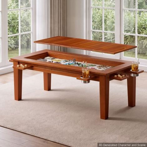 Table Basse de Jeux de Société Convertible 1,2x0,6x0,45 m pour 4 Joueurs,avec Plateau Amovible,Tapis de Jeu,4 Porte-Gobelets,Tablettes Coulissantes,en Bois Massif,Capacité de Charge 136 kg (1/3)