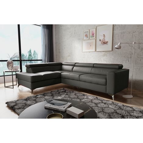 Canapé d'angle convertible en cuir italien de luxe 5/6 places avec coffre, MONZA, gris foncé, angle gauche (1/4)