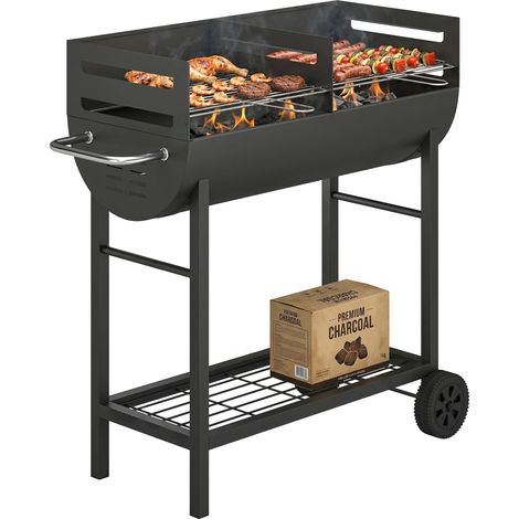 Carrello per barbecue a carbone con 2 zone di cottura, griglia regolabile in altezza, vano porta legna, ruote, maniglia laterale, 103 x 46,5 x 100 cm