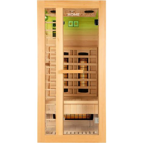 Home Deluxe – Cabine infrarouge REDSUN S Deluxe – 90 x 90 x 190 cm – 1 place – 4 émetteurs à spectre complet – Bois de sapin Hemlock – Isolation thermique