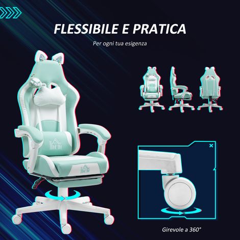 Fauteuil Gamer inclinable blanc et bleu, 65x62x116-124 cm, similicuir et mousse, avec repose-pieds et coussins. (1/5)