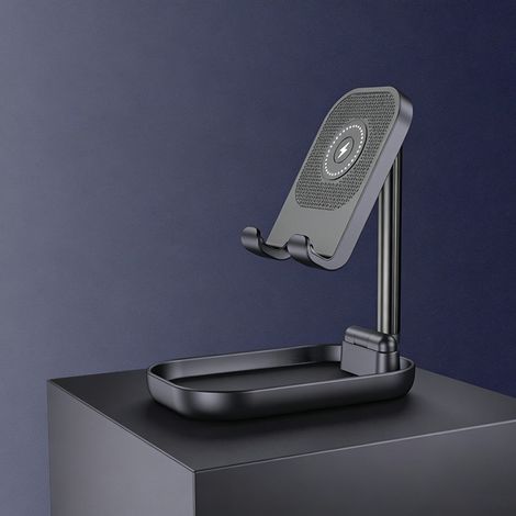 Support Téléphone avec Chargeur Induction, Réglable en Hauteur et Angle, Pliable, Bac de Rangement, Support de Bureau Universel,noir (1/5)