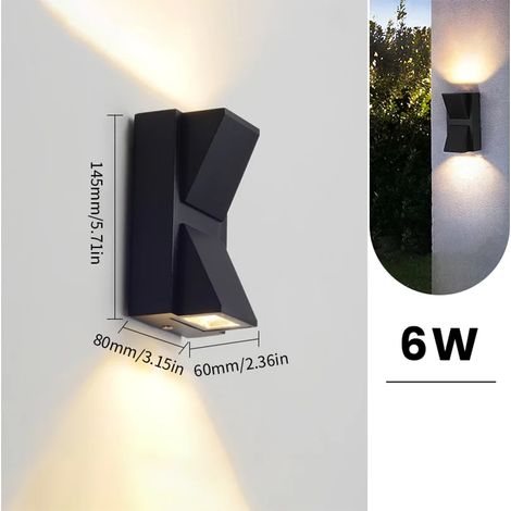 (Blanc froid - Modèle E sans capteur) Applique murale LED intérieure/extérieure IP66 étanche, éclairage haut/bas, LED 6W, montage en surface, pour jardin, porche ou terrasse, avec capteur. (1/5)