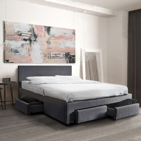 Lit LUGANO 140x190 cm avec 4 tiroirs – Cadre en MDF et tissu – Sommier 12 lattes en bois – Gris foncé – Dimensions 202x150x85 cm – Weber Industries (1/5)