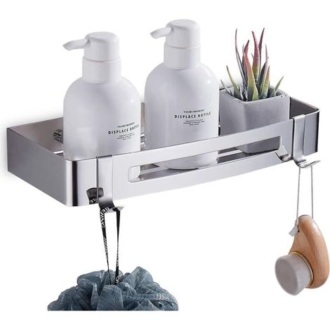 Etagère Douche Auto-adhésif Perçage Rangement Salle de Bain Douche Accessoire Salle de Bain Acier Inoxydable avec 2 Crochets, Argent (1/5)