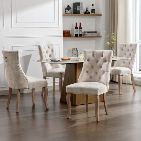 Set di 4 sedie da pranzo in velluto, schienale alto. con trapuntatura a bottoni. struttura in legno, beige chiaro (1/5)