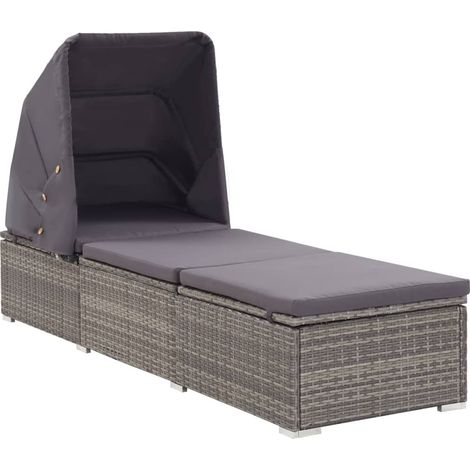 Sonnenliege mit Sonnenschutz und Auflagen Poly Rattan Grau vidaXL