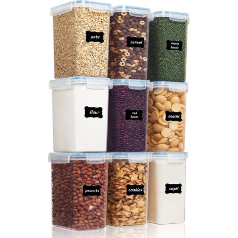 MINKUROW Juego De Tarros De Almacenamiento De 2l, Tarros De Muesli A Granel Y Tarros De Almacenamiento De Alimentos, Tarros De Almacenamiento De Plástico Herméticos, Juego De 9, 24 Etiquetas Para Cere