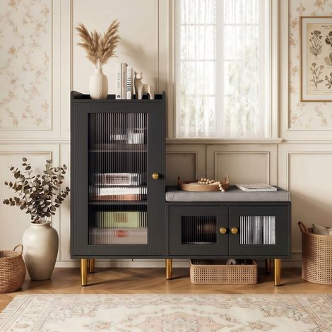 Schuhschrank mit Sitzbank 100x35x90 cm, Moderner Stauraum für Flur, Schuhkipper mit Türen aus Riffelglas und verstellbaren Einlegeböden - Schwarz (1/5)