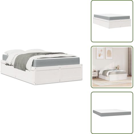 Lit avec matelas blanc 140x190 cm bois massif de pin - Lit Double - Lit Plateforme - Lit Bois Massif - Matelas Ressorts Ensachés - Literie Blanche (1/5)