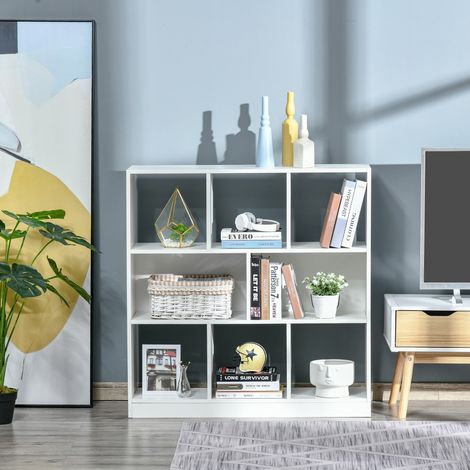 Bibliothèque à 3 niveaux avec 8 étagères, MDF, 97,5 x 30 x 100 cm, blanche (1/5)