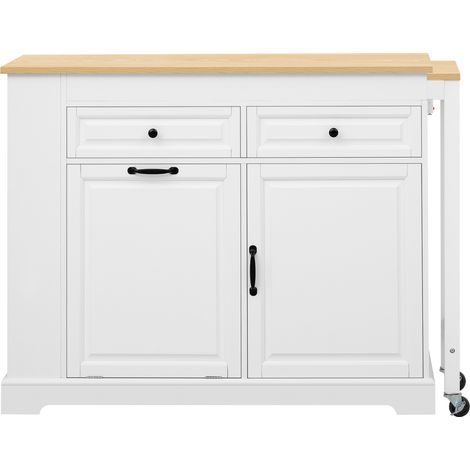 Isla de cocina móvil extensible con cajón y espacio para cubo de basura, blanca (1/5)