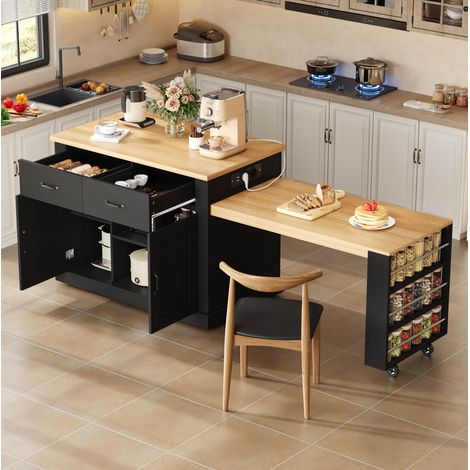 Isla de cocina móvil 120x60x93 cm en aglomerado negro con mesa extensible - MEUBLIV (1/5)