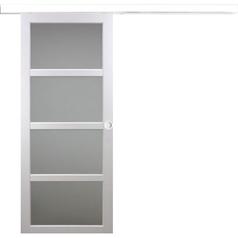 Porte Coulissante Tana Blanc Vitrée H204 X L83 Cm, Rail Alu Bandeau Blanc, Coquilles Blanc Gd Menuiseries