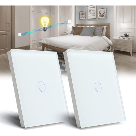 Interrupteur Tactile va et vient,Blanc 1 Gang 2 Voie Commutateur de Lumière avec LED Affichage Light,Interrupteur Tactile avec Capteur Tactile Panneau Verre Cristal-Pas de fil Neutre-2 Pack (1/5)