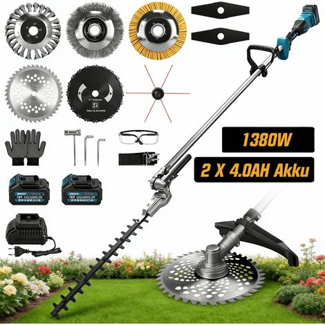 2-En-1 1380W Taille-haie électrique et Debroussailleuse 2×4,0Ah 18800RPM Sans fil Brushless -7 Types de Lames Ø300mm Max, Coupe 165°/44 cm, Longueur 155-210 cm, Coupe-Bordures Compatible Makita 18V